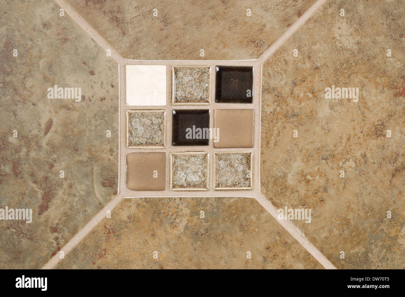 Horizontal photo of ceramic and glass design on tiled wall Stock Photo