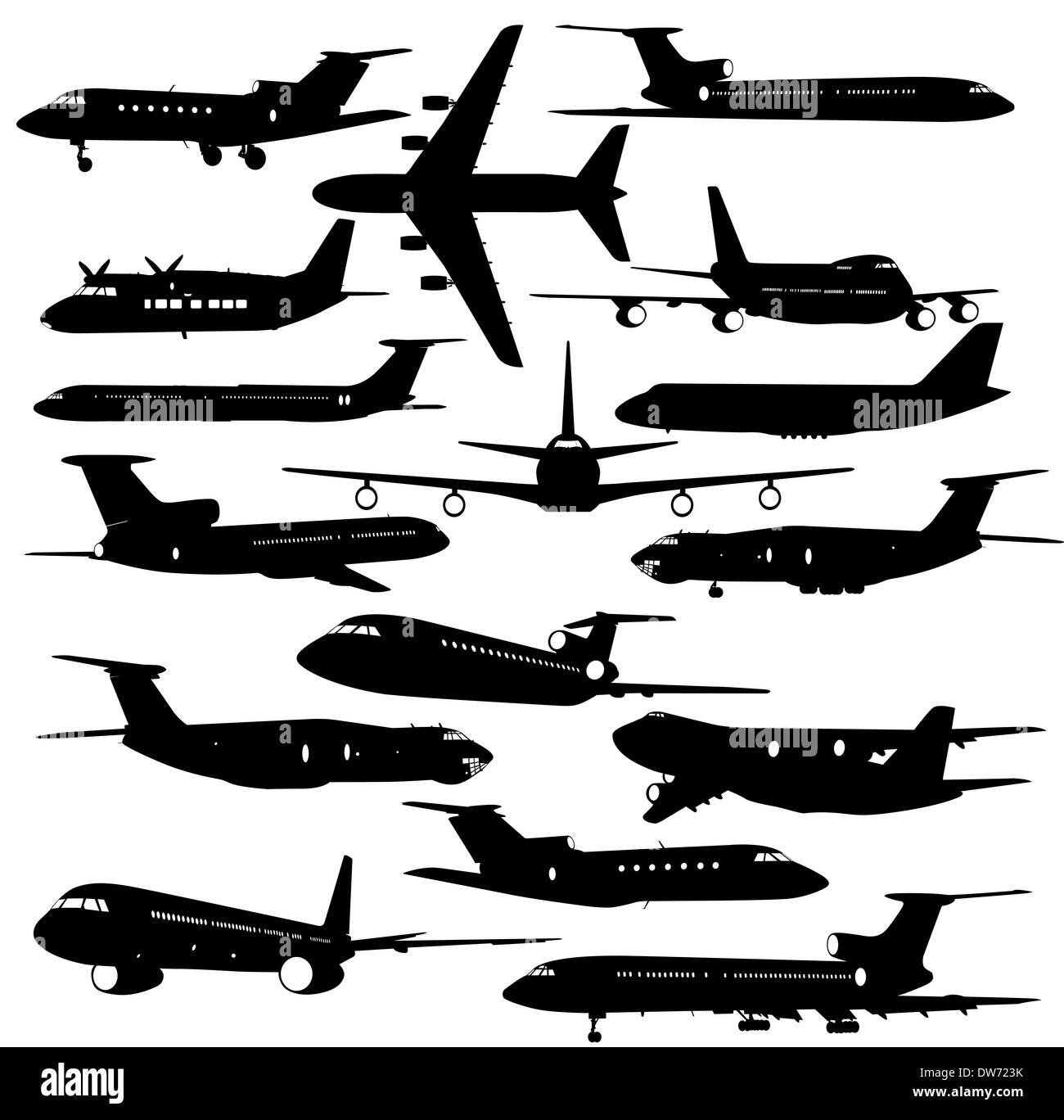Collection of different aircraft silhouettes. vector illustration Stock ...
