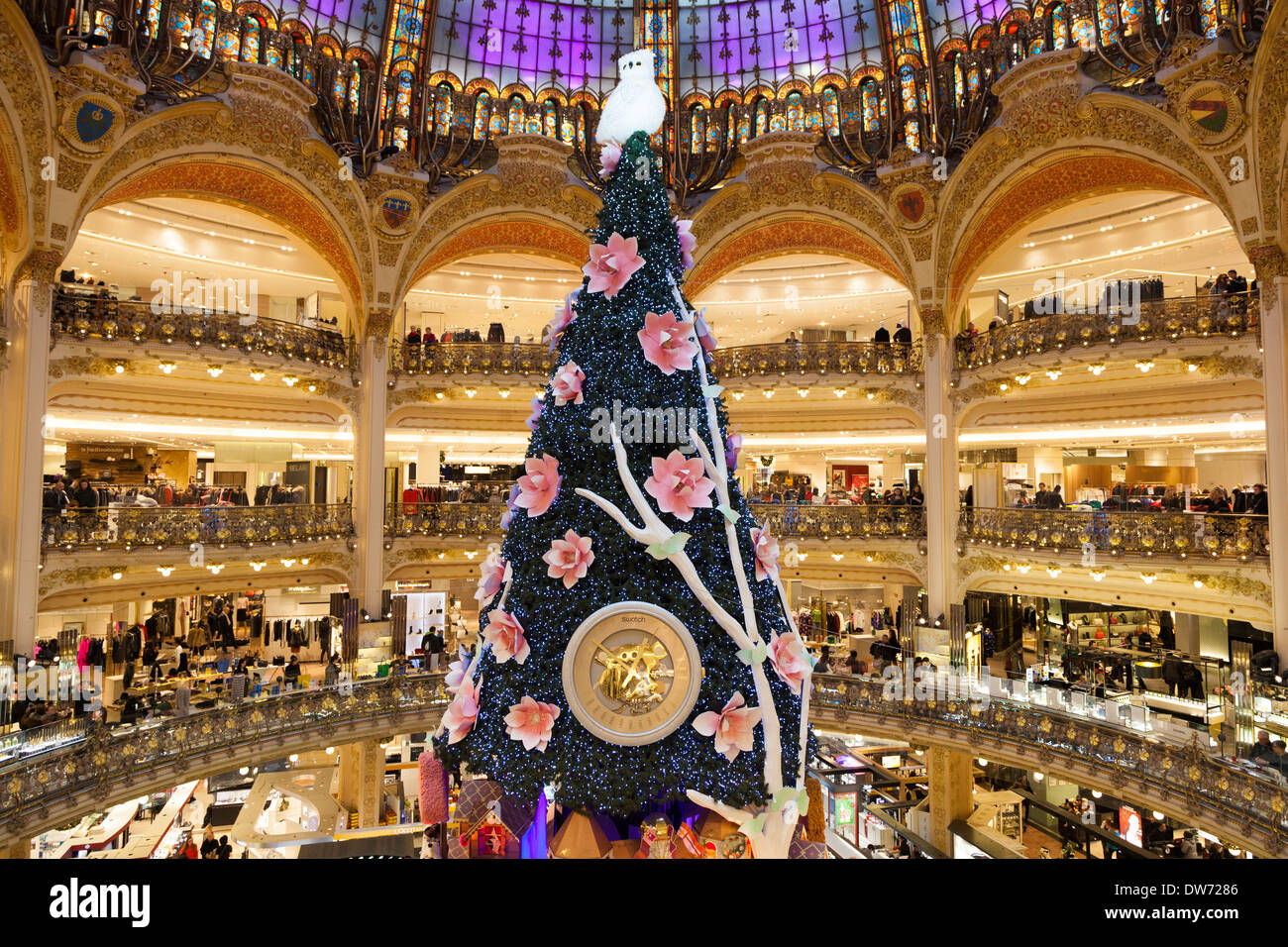 Christmas tree and decorations in the Galeries Lafayette department store, Paris, France Stock