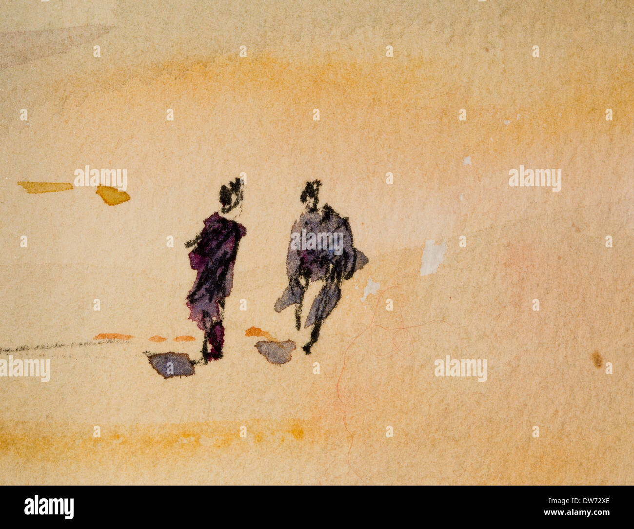 Detail of a watercolour painting of two tiny figures on a sunny beach illustrating economy of brushwork Stock Photo