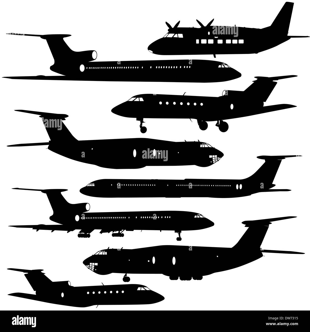Collection of different aircraft silhouettes. vector illustration Stock ...
