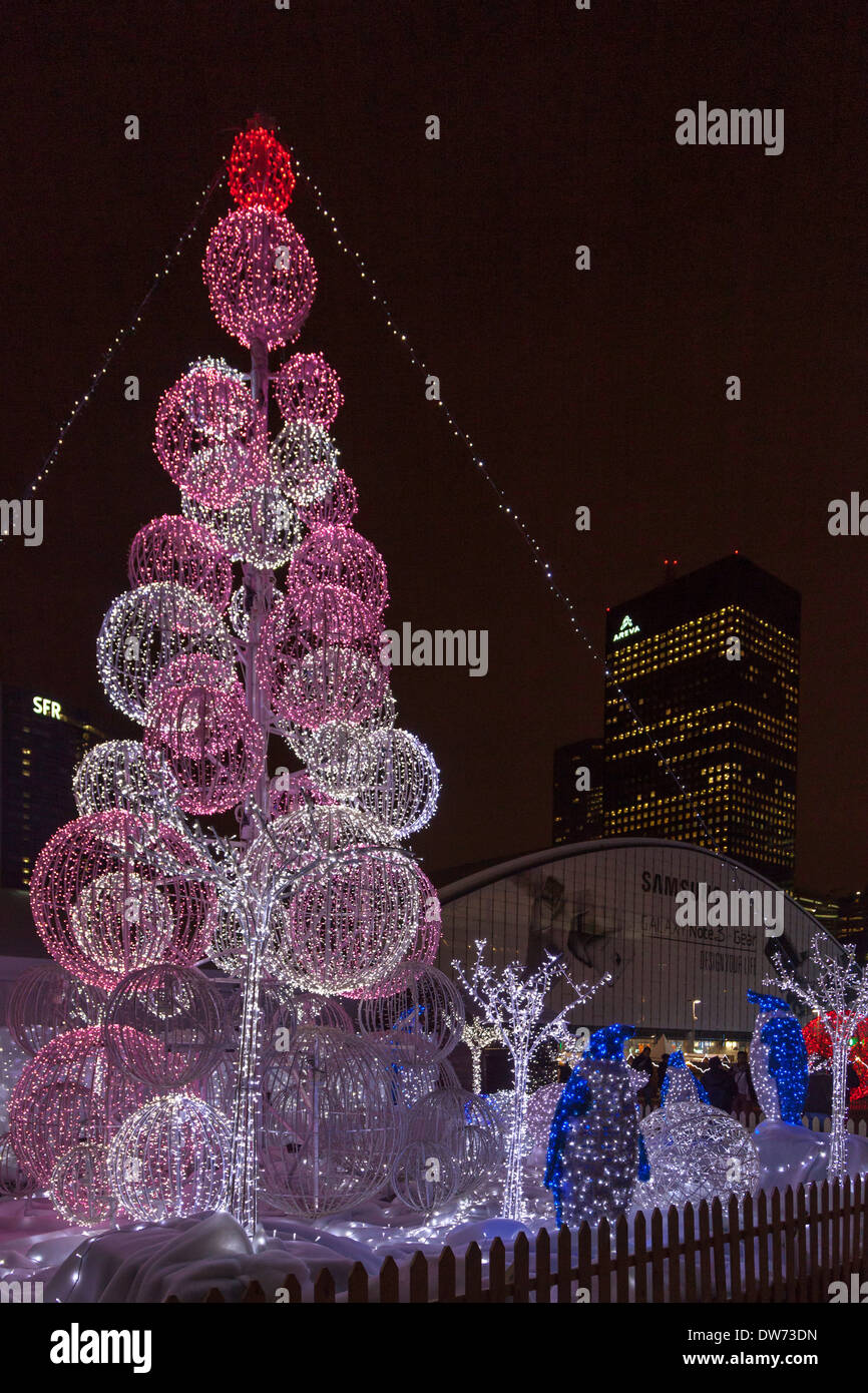 Christmas lights and decorations on the concourse at La Defense, Paris