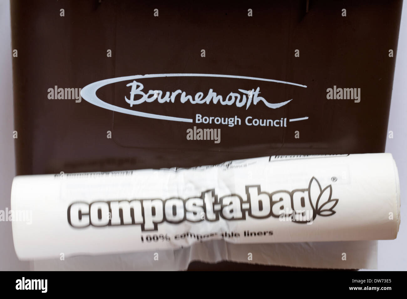 Bournemouth Borough Council food waste bin with compost-a-bag 100% compostable liners bags Stock Photo