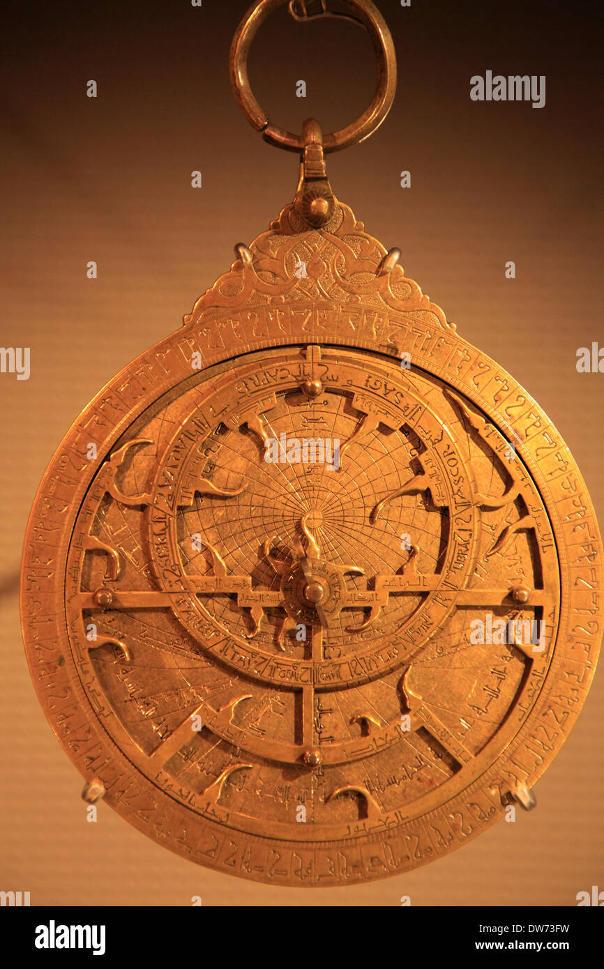 Qatar, Doha, Museum of Islamic Art, planispheric astrolabe, 14th century, Stock Photo