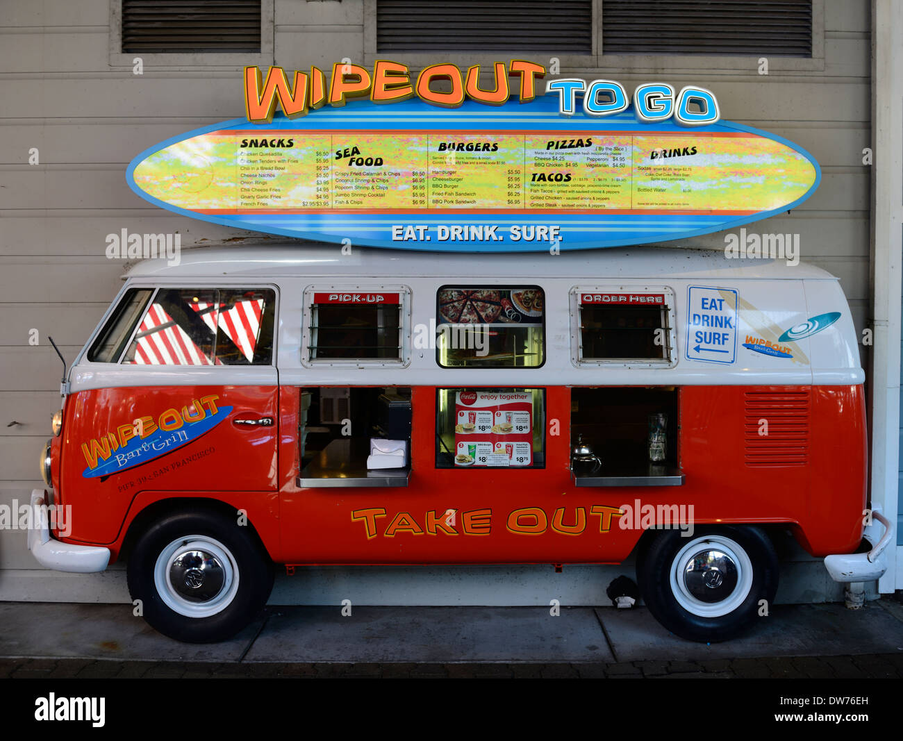 wipeout 100 burger bar takeout takeaway stall stand food Volkswagen beetle van fake shop front surf surfing culture Pier 39 Stock Photo