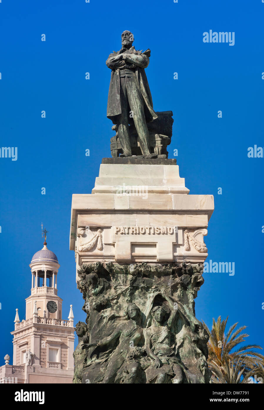 Statue of Cadiz politician Segismundo Moret, Plaza de San Juan de Dios, Cadiz, Spain, town hall bell tower in background Stock Photo