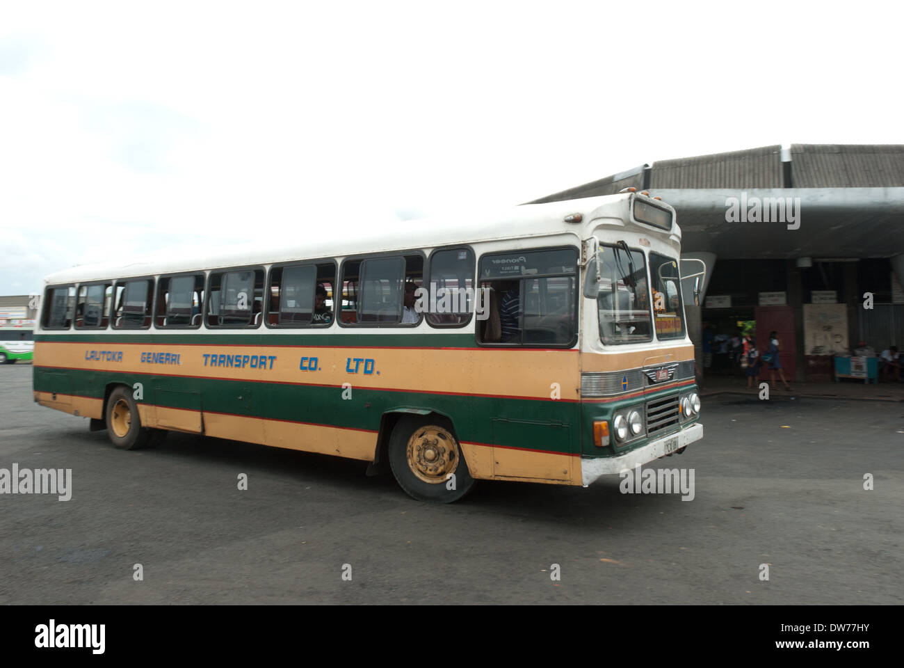 A bus departs Lautoka station on the west coast of Viti Levu, the main island of Fiji. Stock Photo
