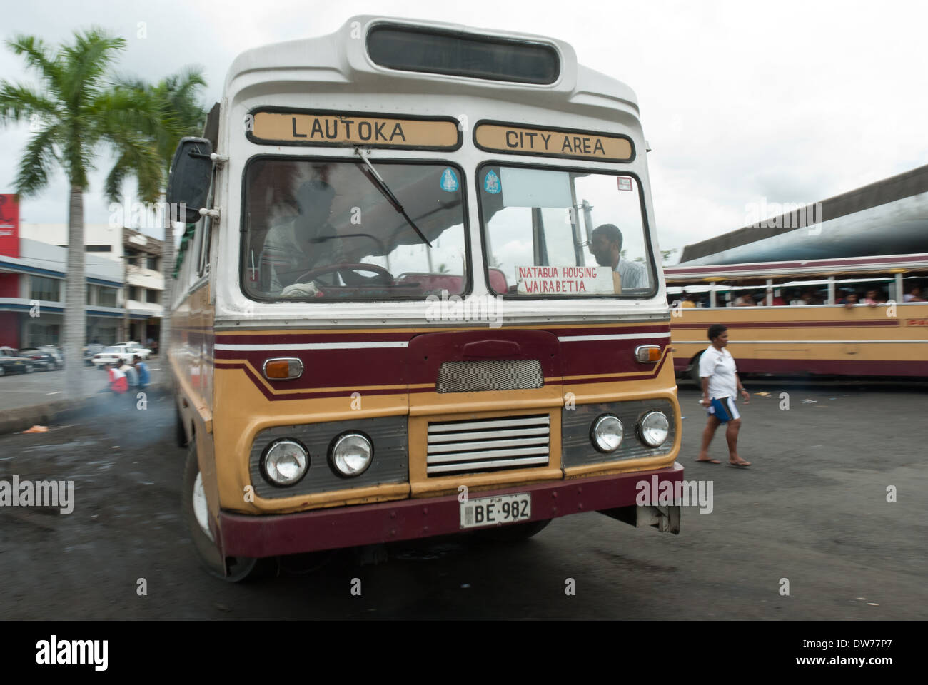 A bus departs Lautoka station on the west coast of Viti Levu, the main island of Fiji. Stock Photo