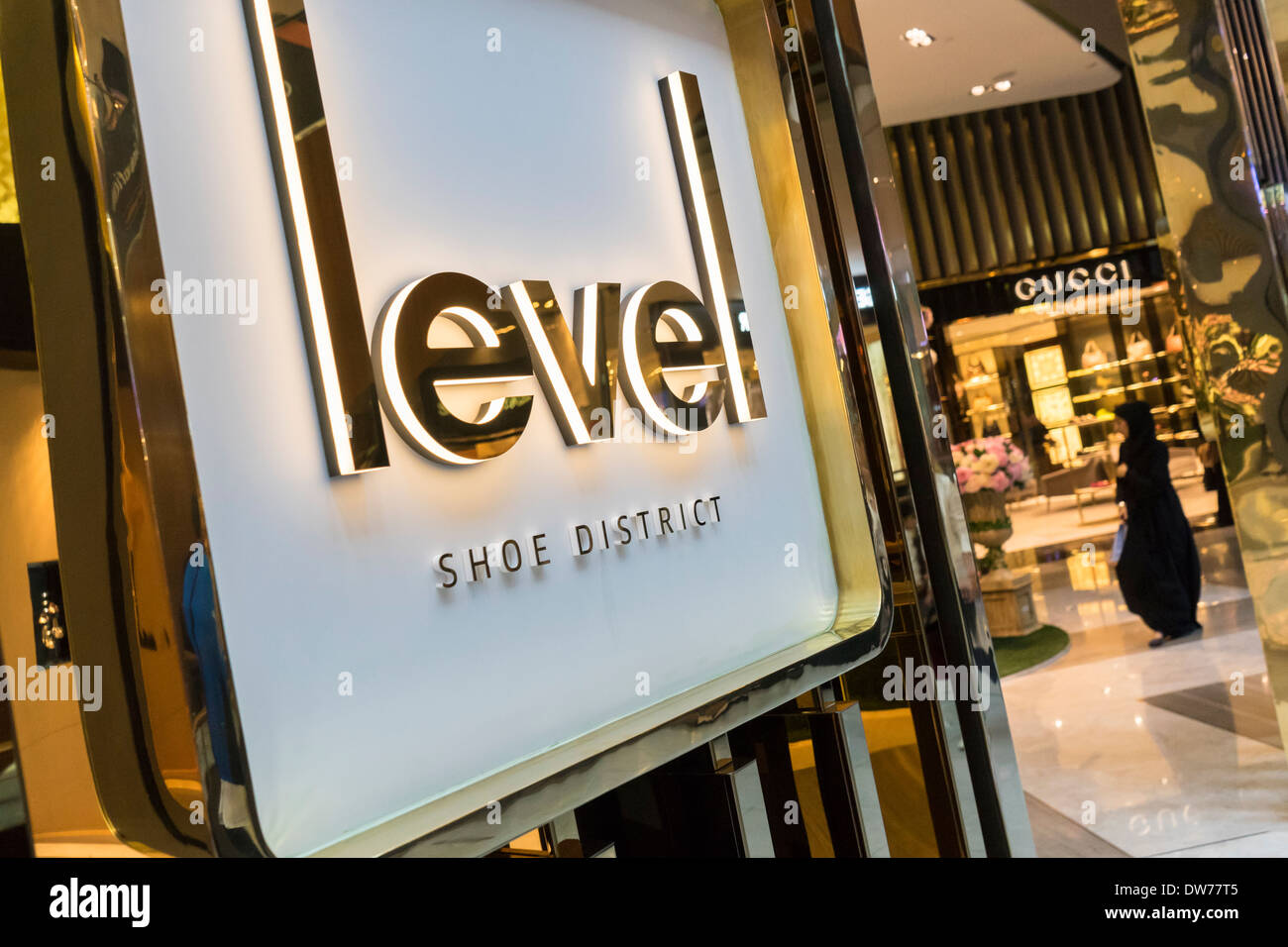 Level Shoe District with many luxury designer shoe shops in Dubai Mall United Arab Emirates Stock Photo