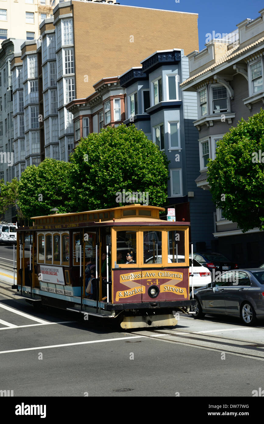 street car going uphill downhill hill hills hilly streets san francisco Stock Photo