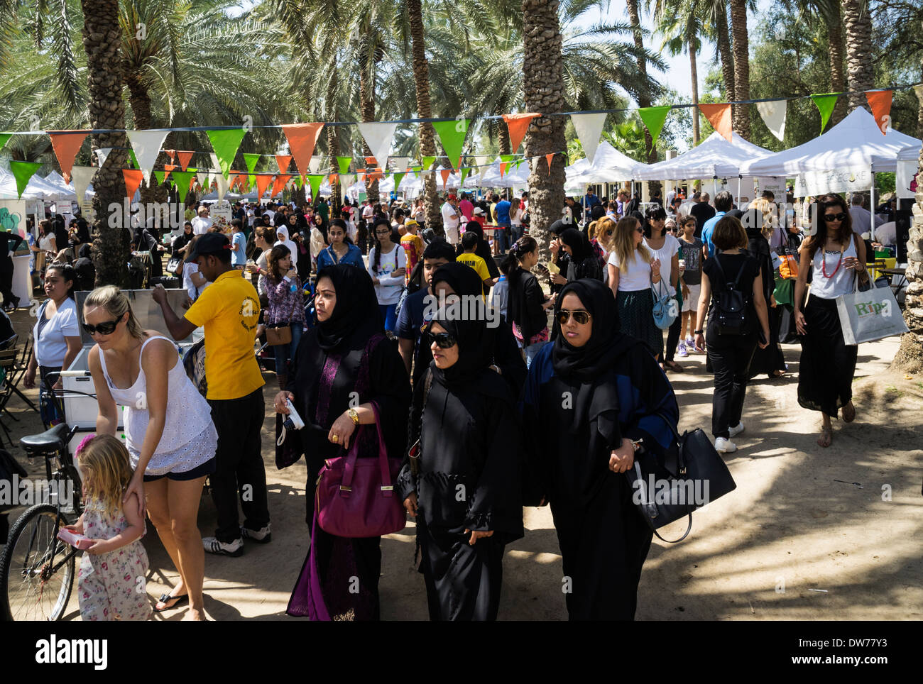 Busy food market held on holiday Fridays in Al Safa Park in Dubai United Arab Emirates Stock Photo