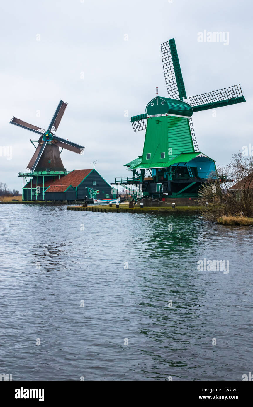 Traditional Dutch windmills at Zaanse Schans Netherlands Stock Photo