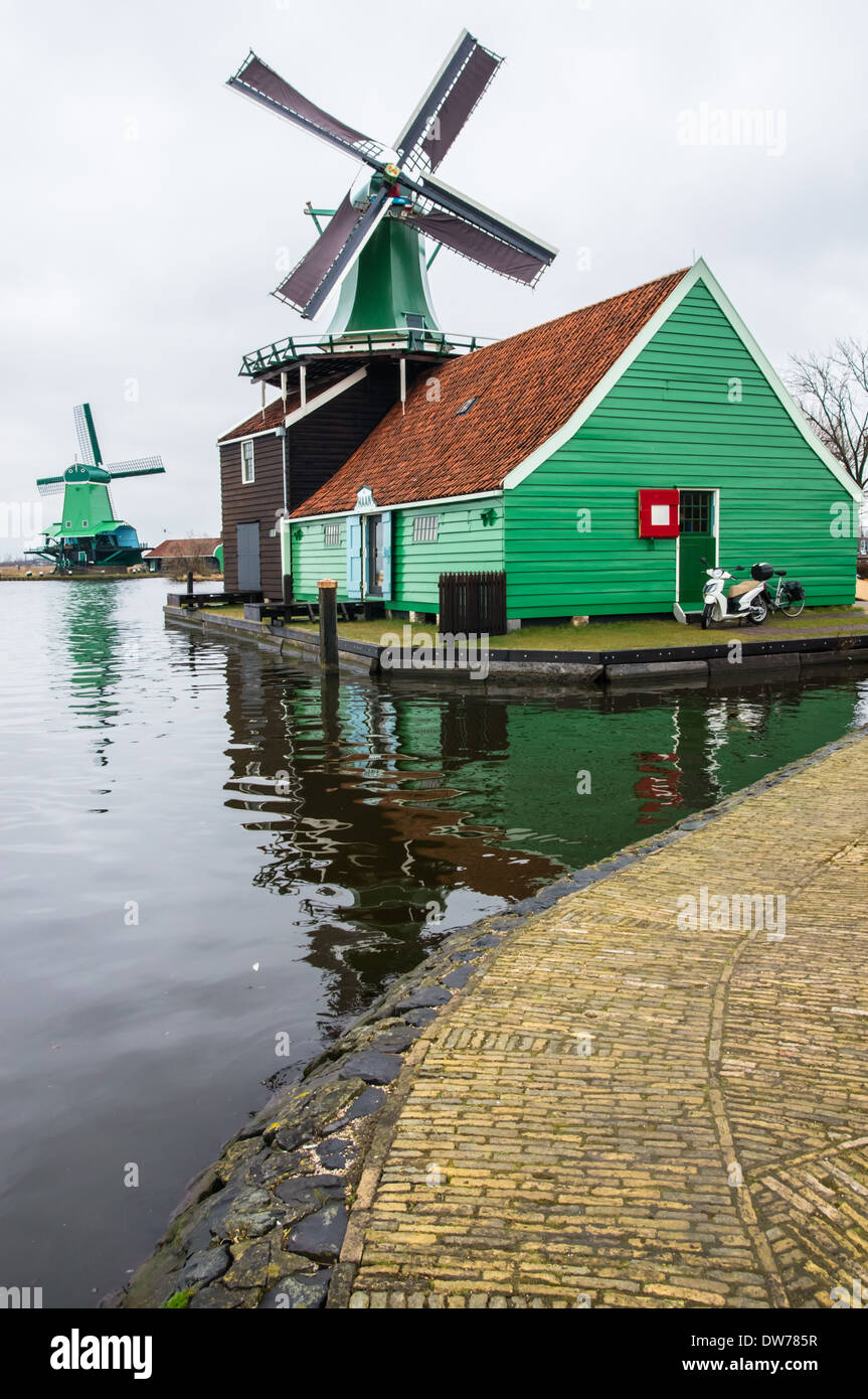 Traditional Dutch windmills at Zaanse Schans Netherlands Stock Photo