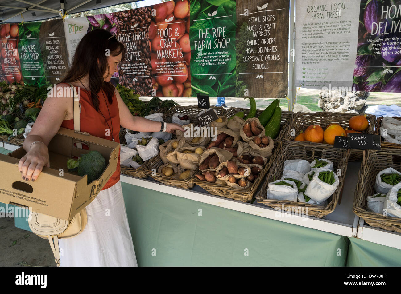 Woman shopping for organic vegetables at market on Fridays in Al Safa Park in Dubai United Arab Emirates Stock Photo