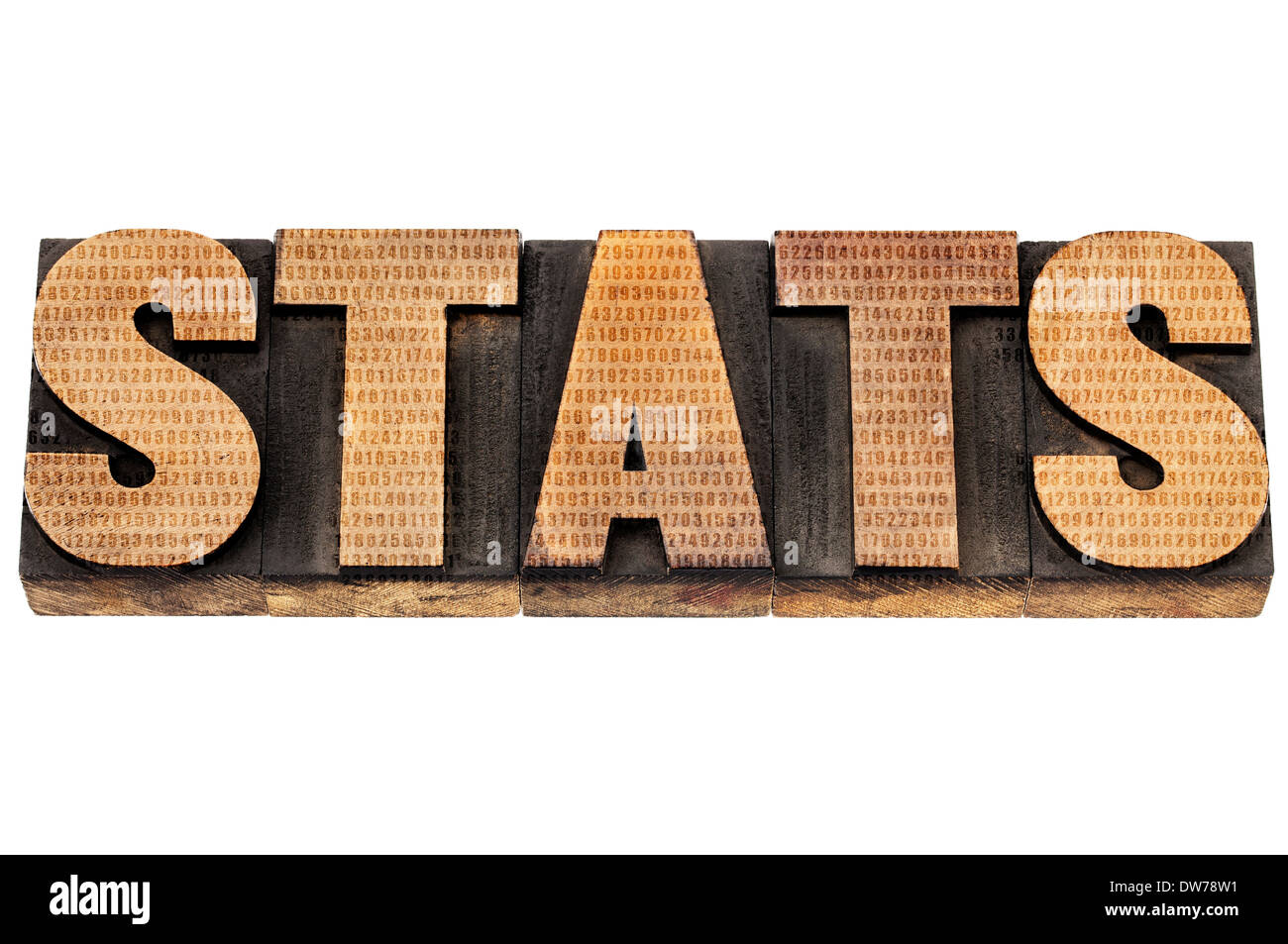 stats (statistics) - isolated word in vintage letterpress wood type printing blocks with added number texture Stock Photo