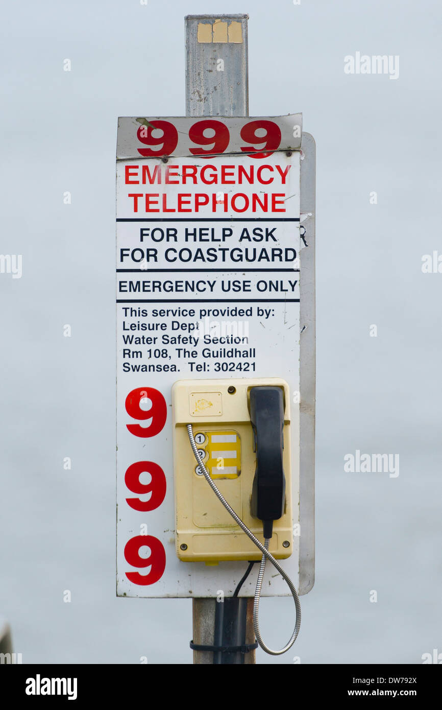 An emergency coastguard 999 telephone box near the coast. Stock Photo