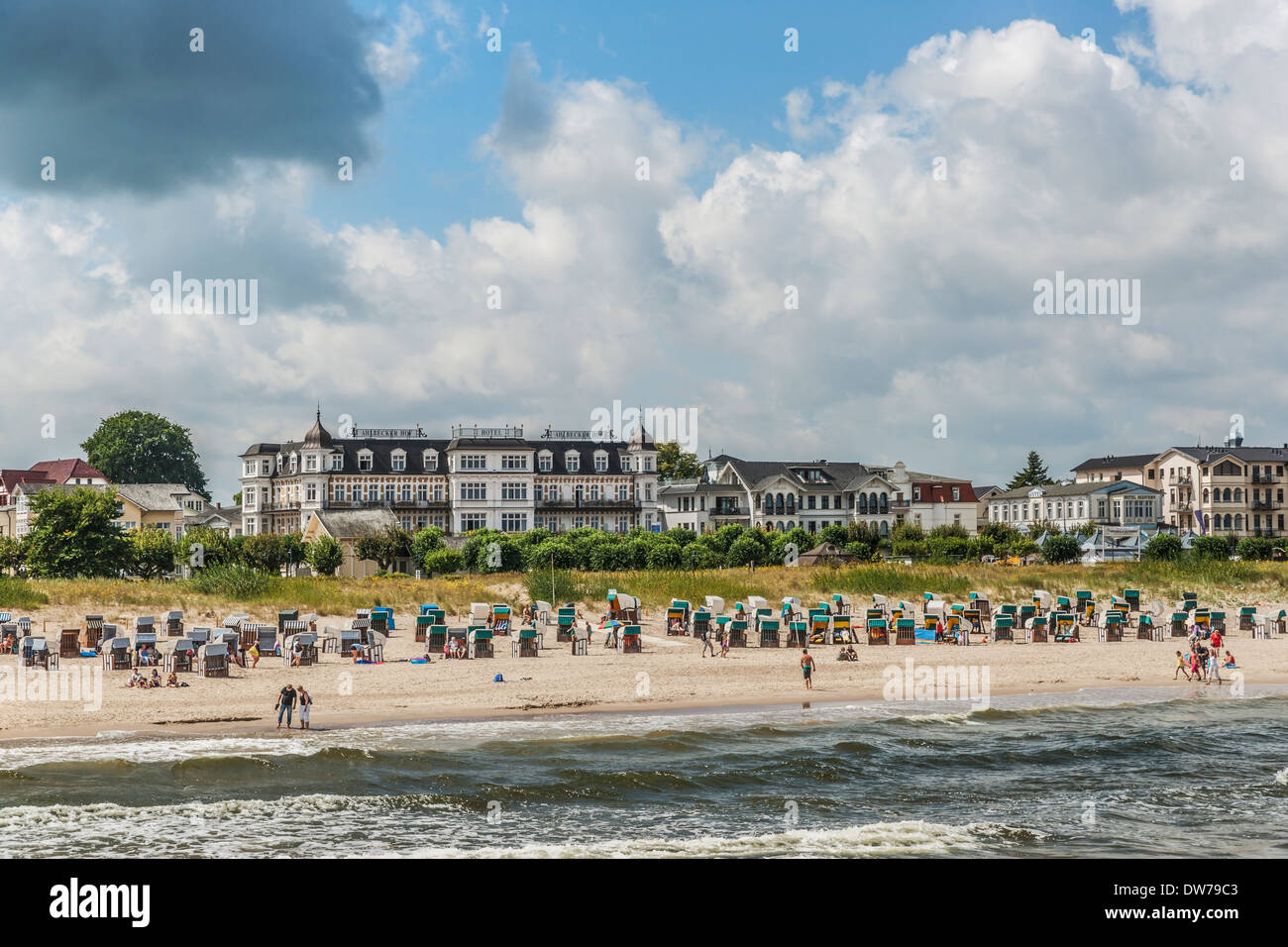 Beach chairs and the Hotel Ahlbecker Hof. Ahlbeck,  Island of Usedom, Mecklenburg-Western Pomerania, Germany, Europe Stock Photo
