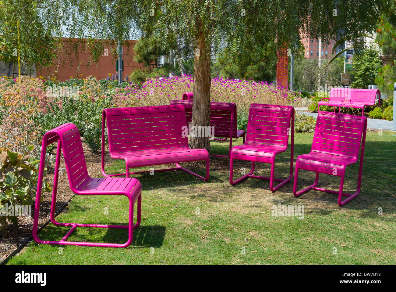 Pink chairs in a park Los Angeles Stock Photo