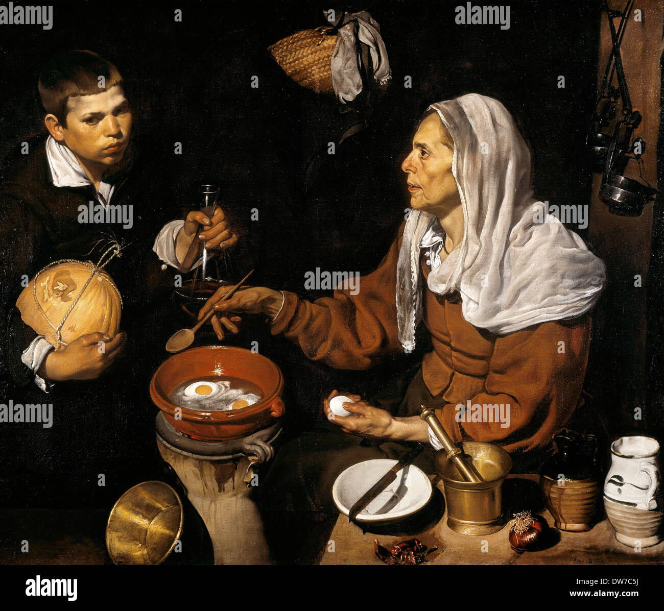 Diego Rodriguez de Silva y Velazquez, An Old Woman Cooking Eggs 1618 Oil on canvas. Scottish National Gallery, Edinburgh. Stock Photo