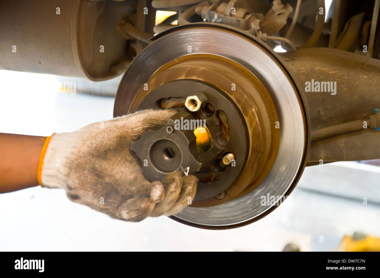 disc brake of fix by mechanic Stock Photo