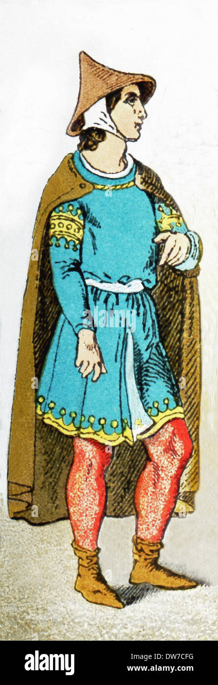 The figure in the illustration represents a French citizen around A.D. 1200. The illustration dates to 1882. Stock Photo