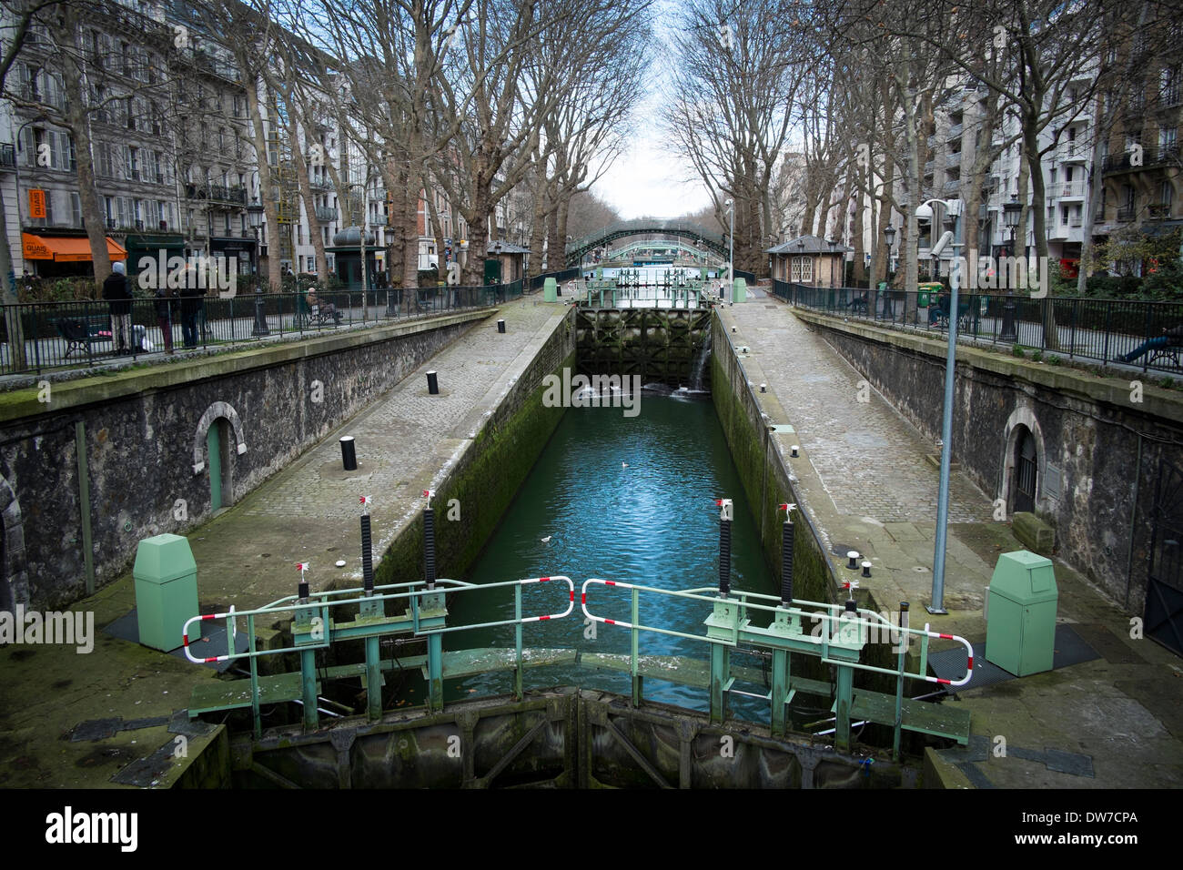 A lock on the canal St Martin in northern Paris near Place de Republique Stock Photo