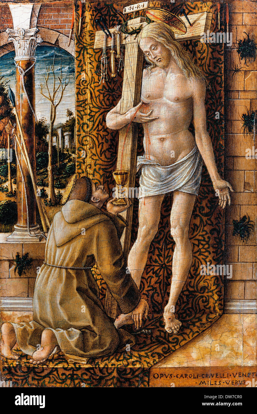 Carlo Crivelli, Saint Francis Collecting the Blood of Christ 1490-1500. Oil on panel. Museo Poldi Pezzoli, Milan, Italy. Stock Photo