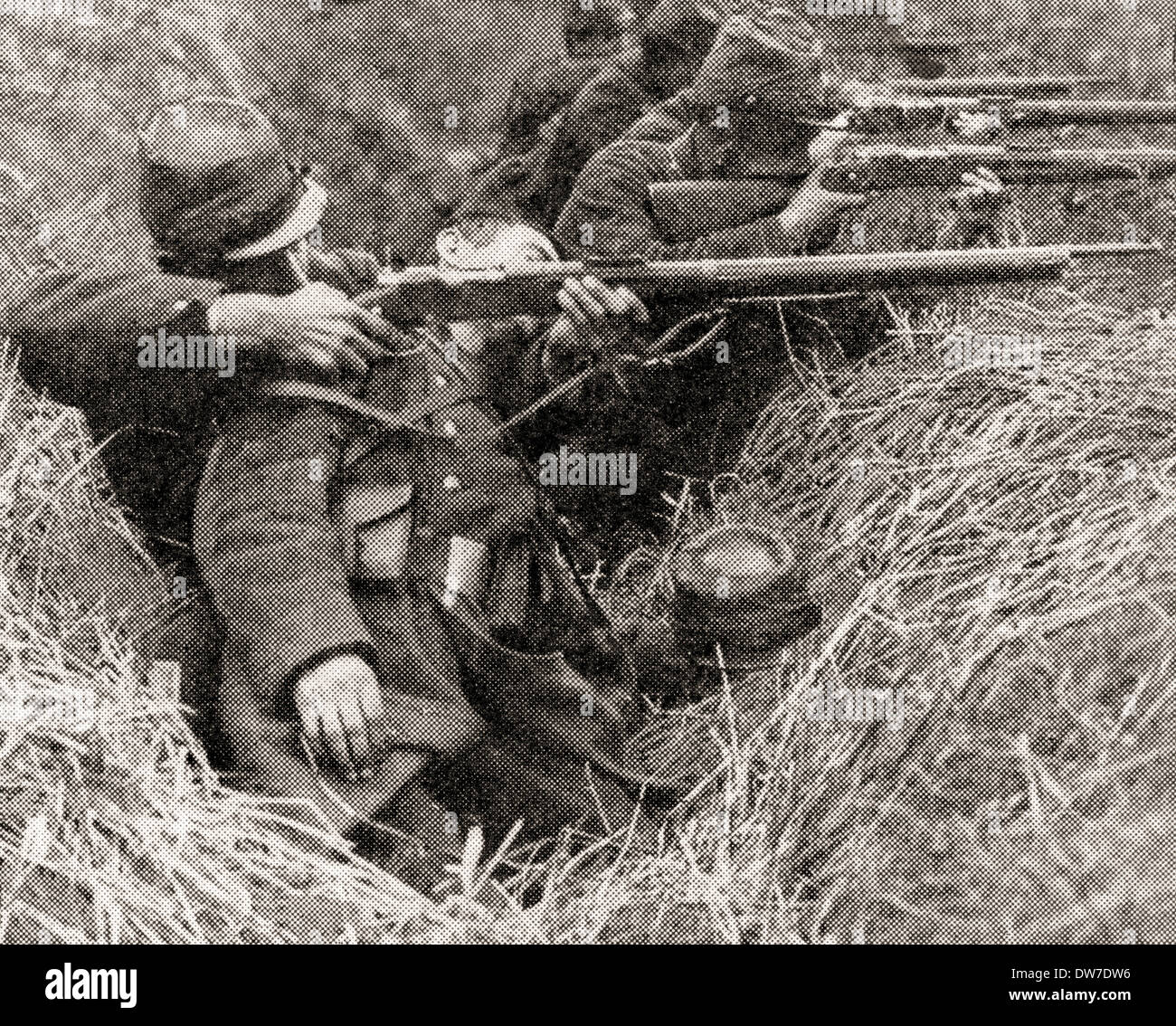 French soldiers fighting in the trenches during WWI. From The War Illustrated Album Deluxe, published 1915. Stock Photo