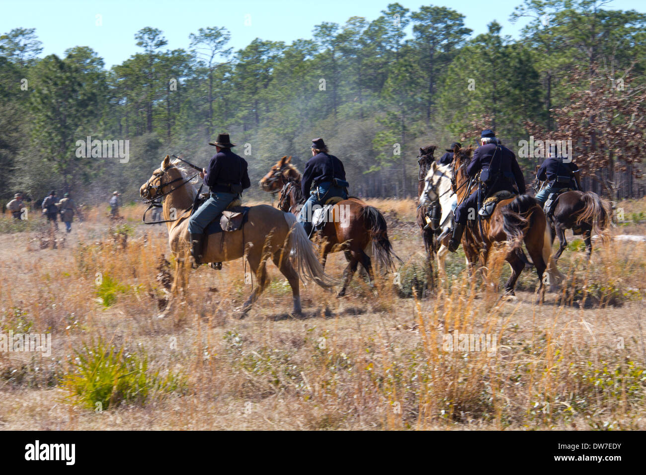 A Union cavalry unit charges Confederate ranks at Olustee Battlefield Historic State Park near Lake City, Florida, USA Stock Photo