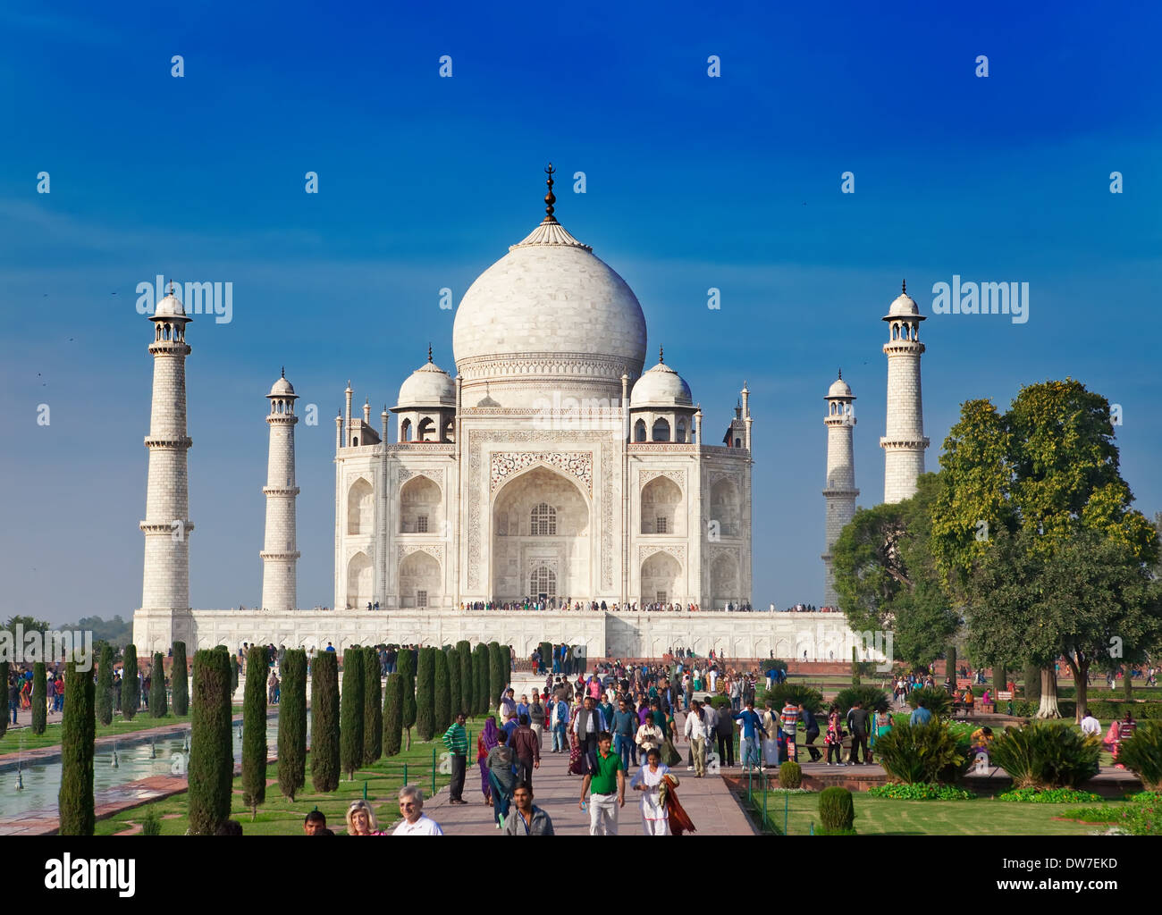 A crowd of tourists visit Taj Mahal on January 28, 2014 in Agra, Uttar Pradesh, India. Stock Photo