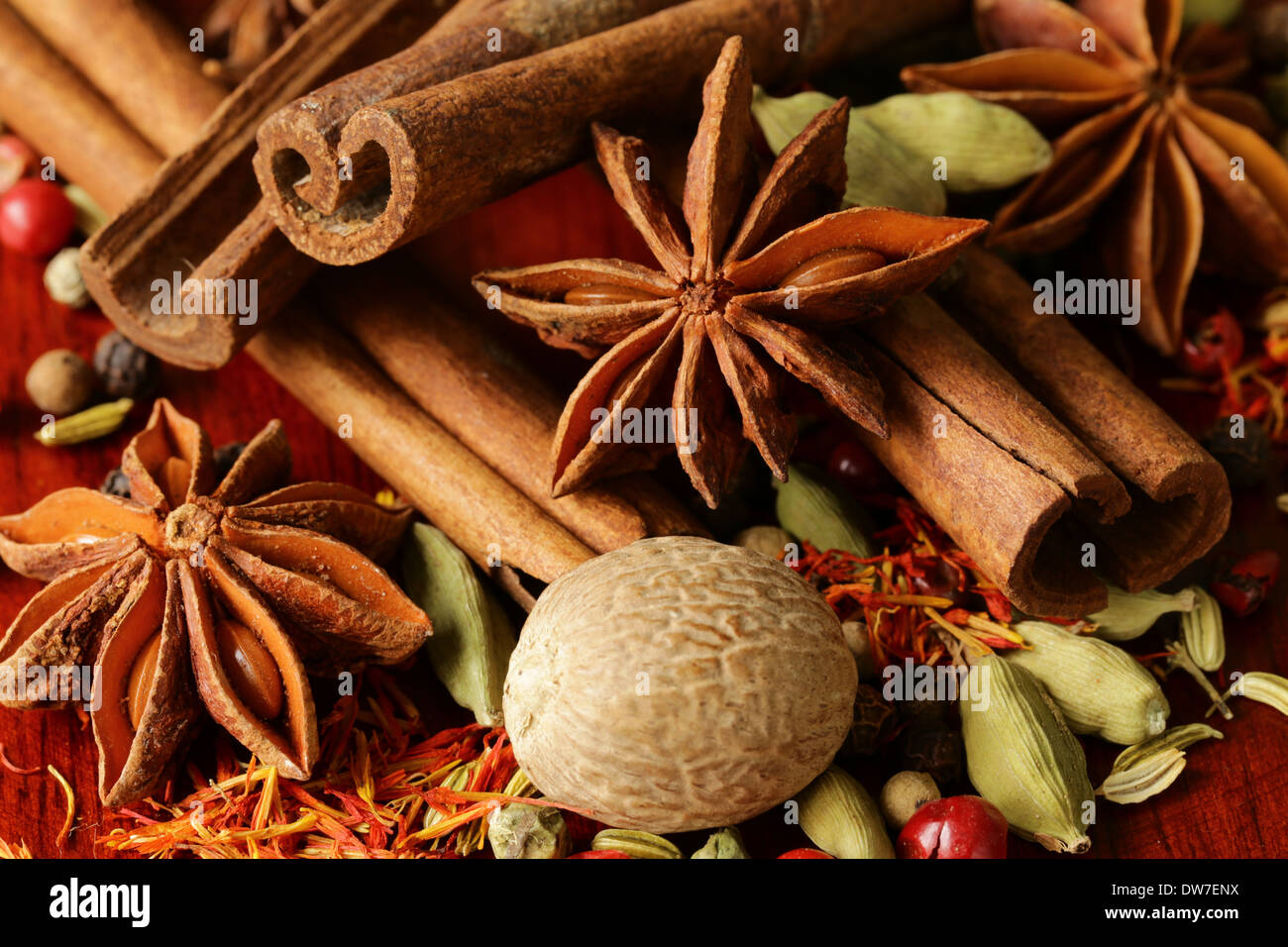 various spices (nutmeg, cinnamon, star anise, saffron, pepper, cardamom