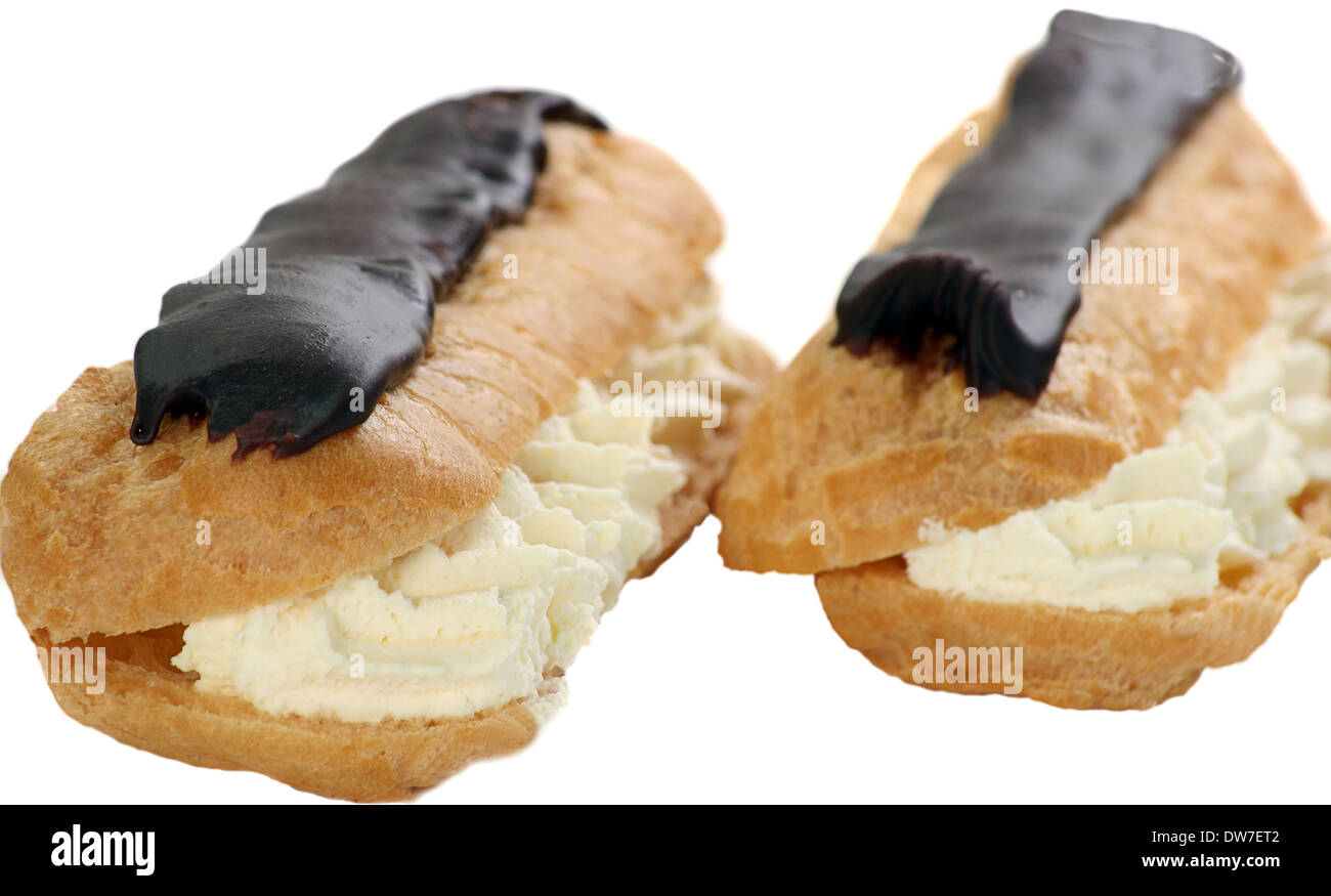 two chocolate eclairs isolated on a white background Stock Photo