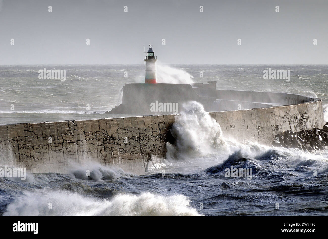 Newhaven west breakwater in stormy weather conditions Sussex UK Stock Photo