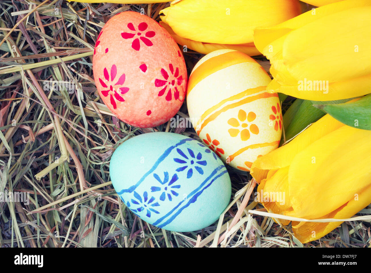 Colored easter eggs and yellow tulips on hay Stock Photo - Alamy