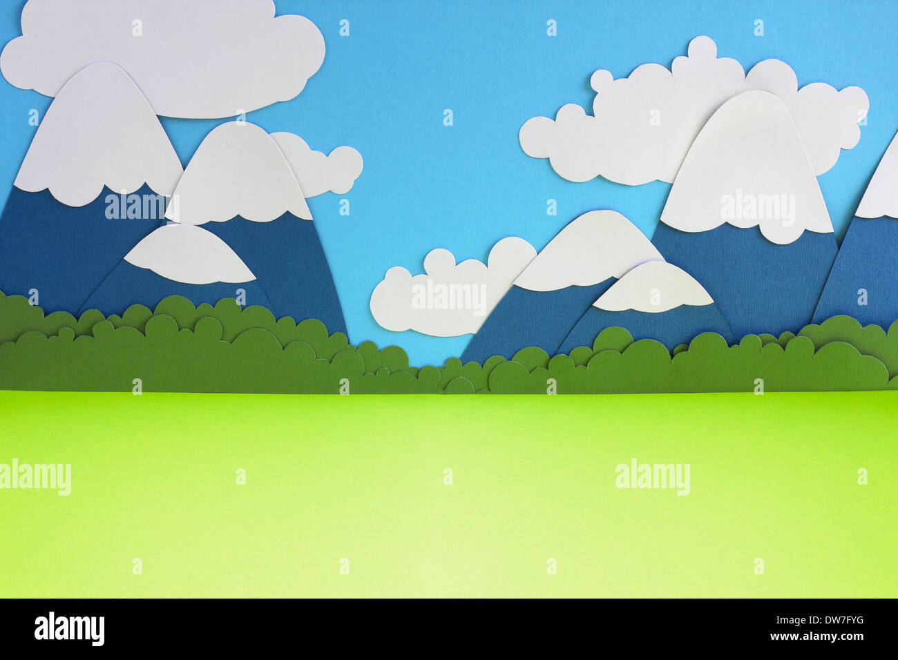 Paper landscape with mountains, trees, clouds and meadow Stock Photo Alamy