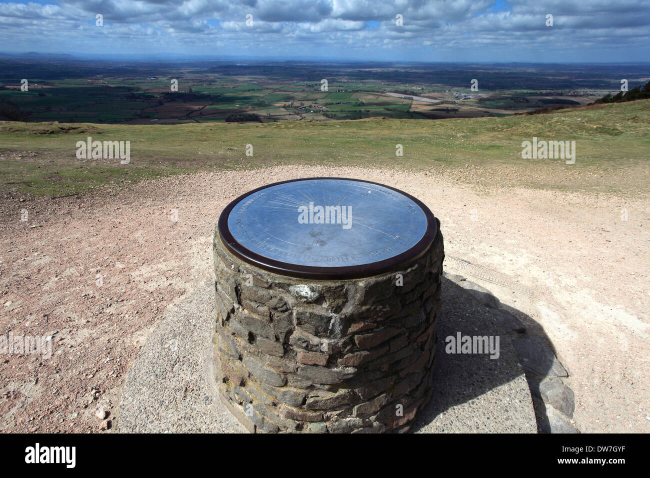 Directional Compass on the summit of Wrekin Hill ancient hill fort, Shropshire plains, Shropshire County, England, UK Stock Photo