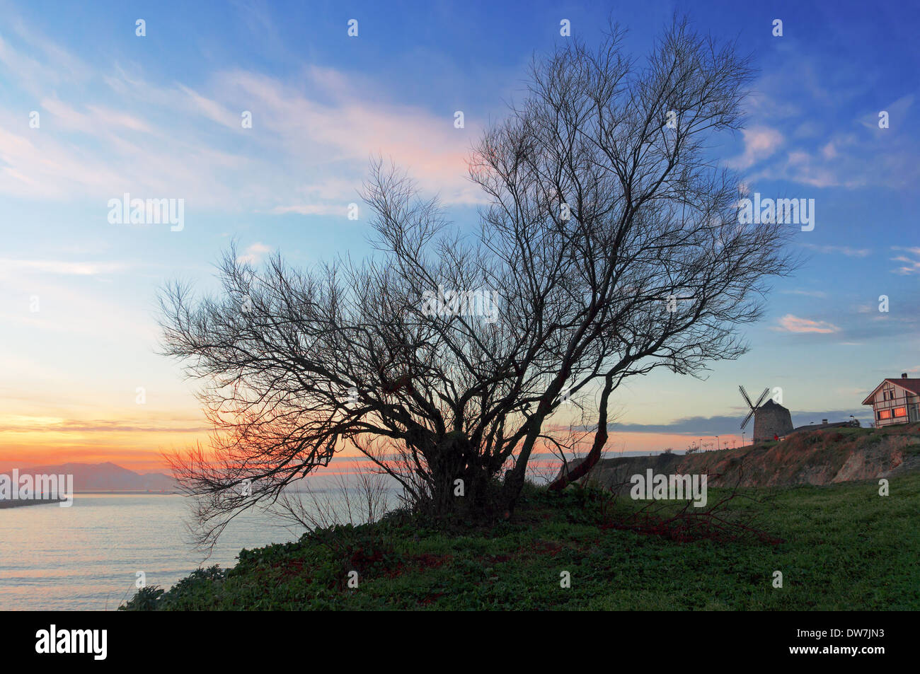 Getxo at sunset with tree silhouette and aixerrota mill Stock Photo