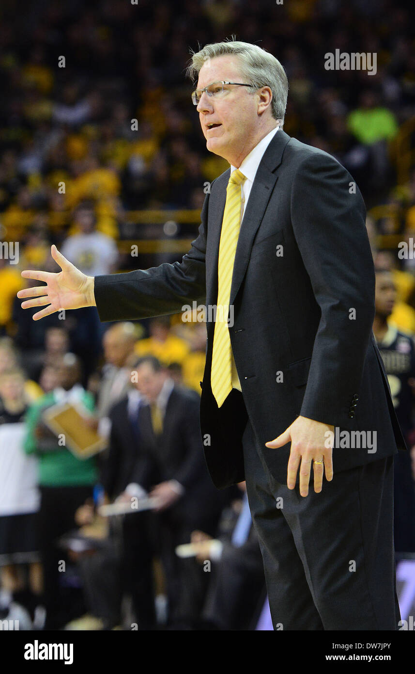 Iowa City, Iowa, USA. 2nd Mar, 2014. March 2, 2014: Iowa coach Fran McCaffrey reacts to a referee's call during a Big Ten Conference basketball game between the University of Iowa Hawkeyes and the Purdue Boilermakers at Carver-Hawkeye Arena in Iowa City, Iowa. Iowa won, 83-76. Credit:  csm/Alamy Live News Stock Photo