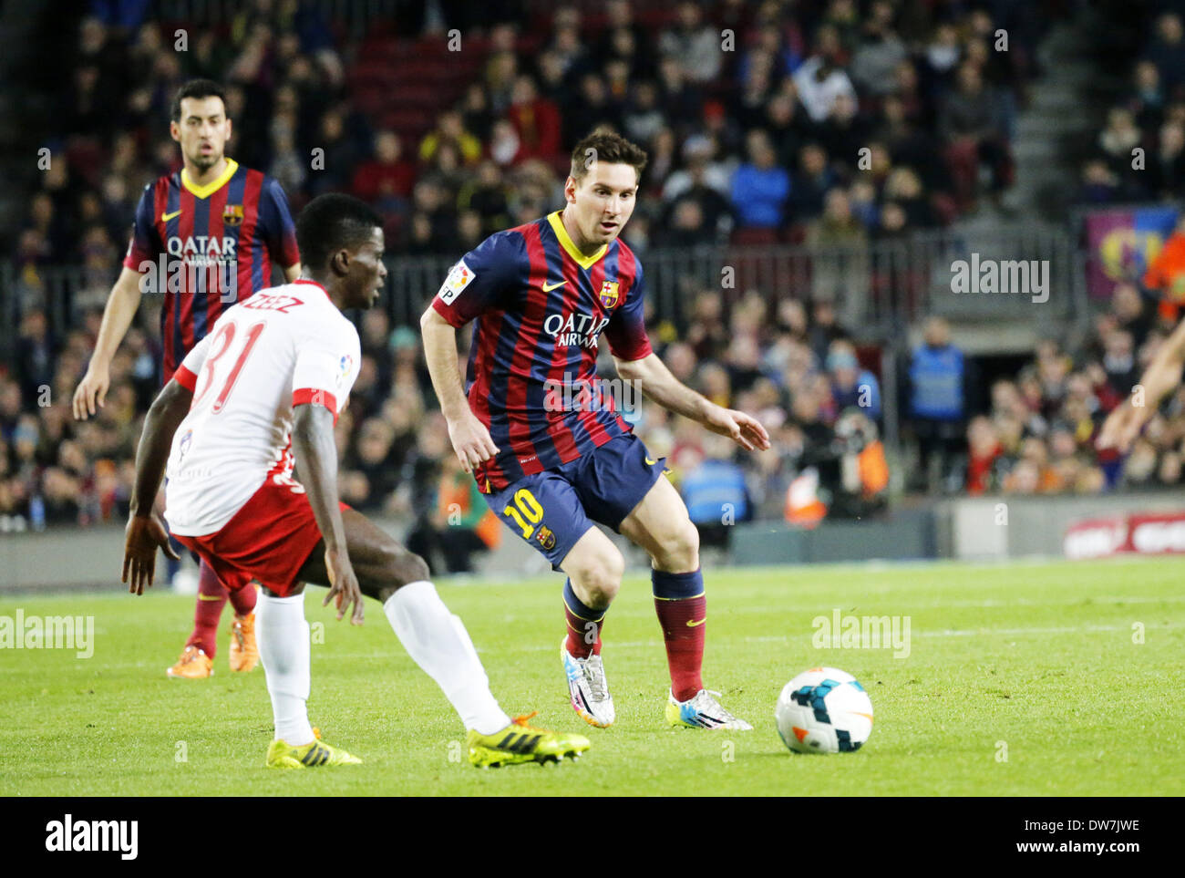 Barcellona, Spain. 2nd Mar, 2014. Leo Messi and Ramon Azeez in the match of the day 26 of the Spanish Liga BBVA between FC Barcelona and U.D. Almeria, played at the Camp Nou stadium, the march 02, 2014. Credit:  Urbanandsport/NurPhoto/ZUMAPRESS.com/Alamy Live News Stock Photo
