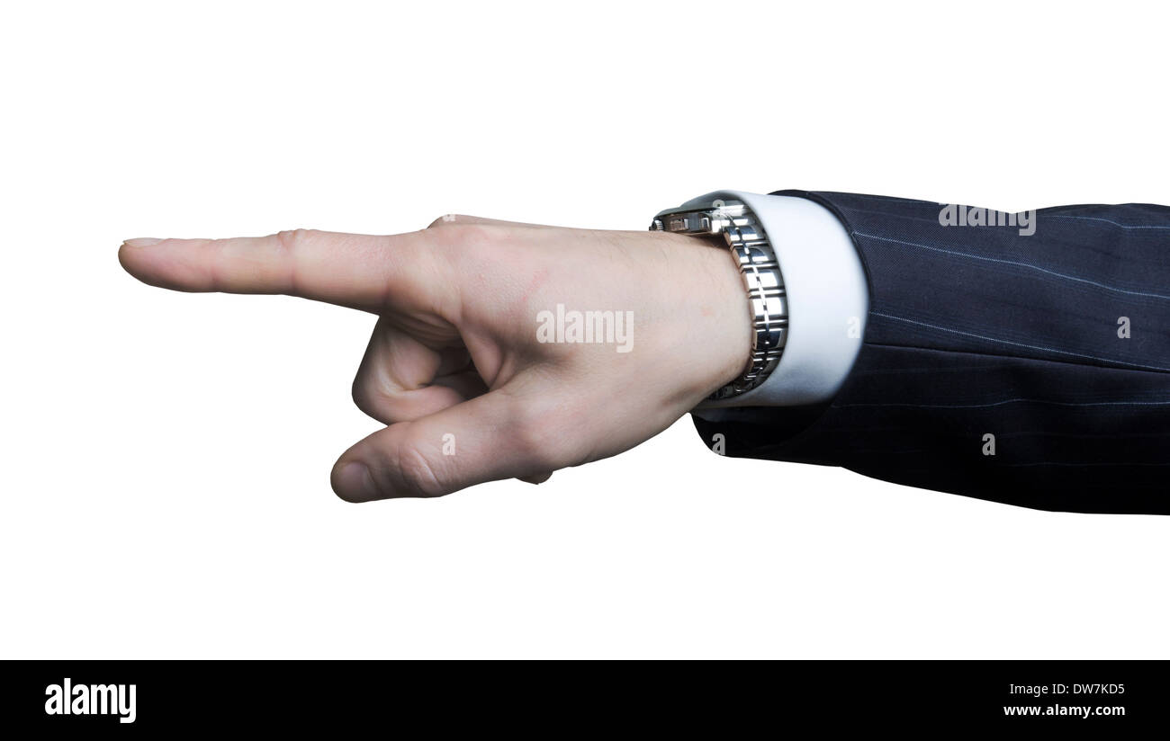 A hand with a pointing index finger on a white background Stock Photo