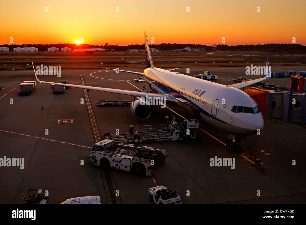 Ground crew servicing an Air Japan jet at a gate of Narita International Airport, Tokyo, Japan, at sunset. Stock Photo