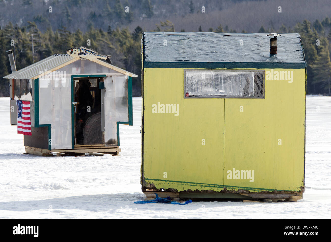 Ice fishing shacks on Eagle Lake, Acadia National Park, Maine Stock