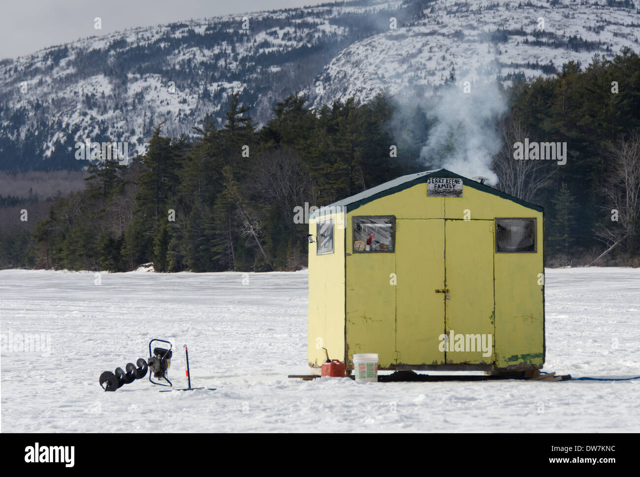 Ice fishing shack on Eagle Lake, Acadia National Park, Maine Stock Photo