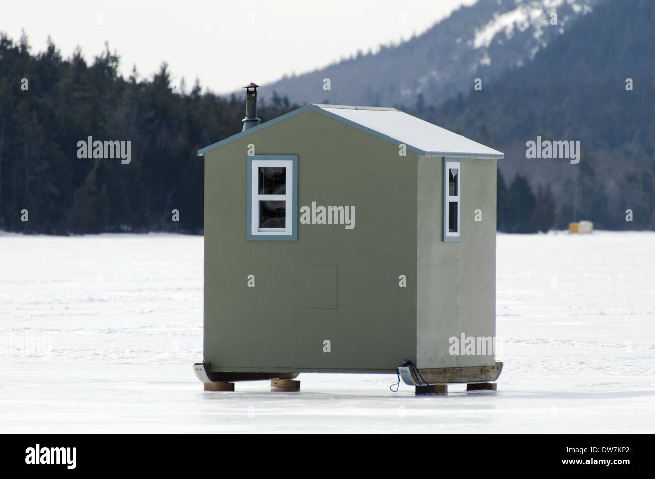 Ice fishing shacks on Eagle Lake, Acadia National Park, Maine Stock
