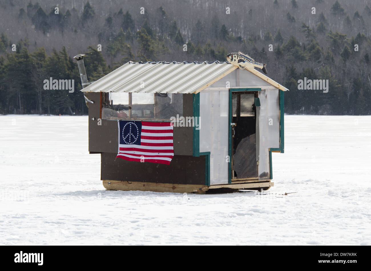 Ice fishing hut on Eagle Lake, Acadia National Park, Maine Stock Photo