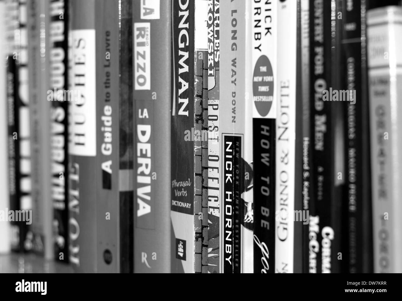 Language books, novels and guides on a shelf in a home in Toronto, Canada Stock Photo