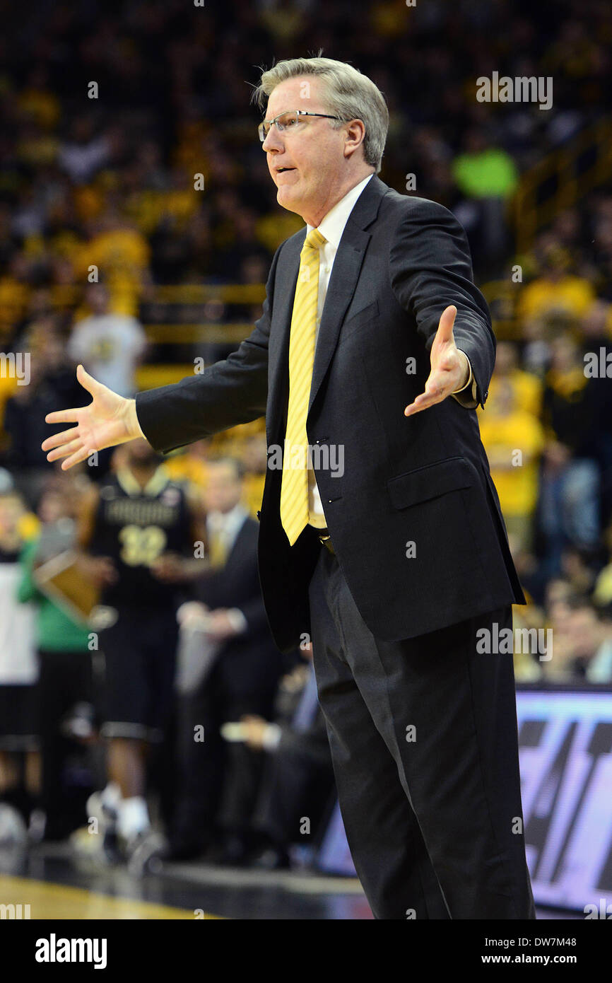 Iowa City, Iowa, USA. 2nd Mar, 2014. March 2, 2014: Iowa coach Fran McCaffrey reacts to a referee's call during a Big Ten Conference basketball game between the University of Iowa Hawkeyes and the Purdue Boilermakers at Carver-Hawkeye Arena in Iowa City, Iowa. Iowa won, 83-76. Credit:  csm/Alamy Live News Stock Photo