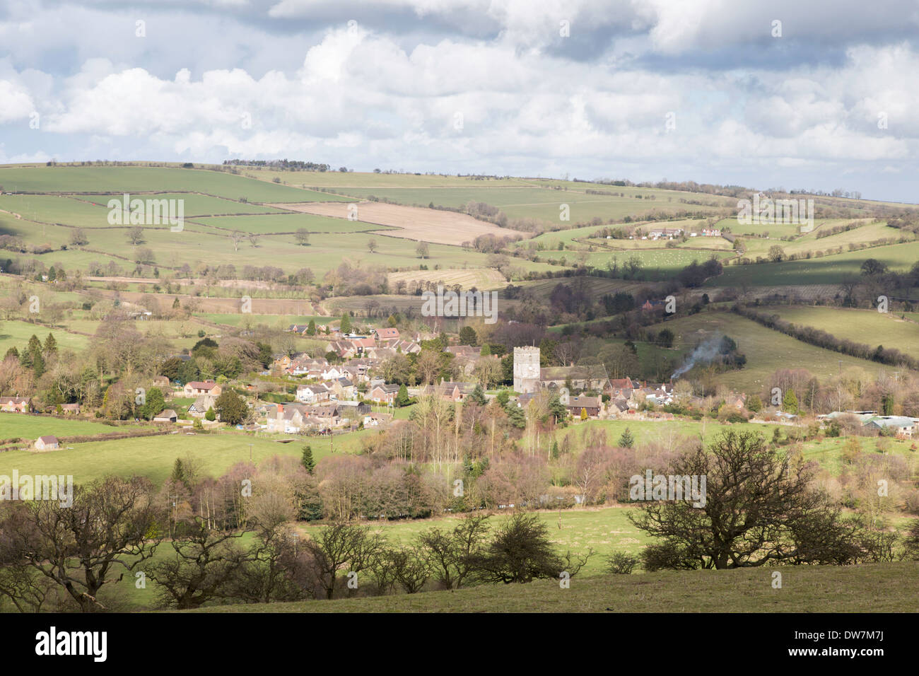 Shropshire Hills near Hope Bowdler looking towards village of Cardington, Shropshire, England, UK Stock Photo