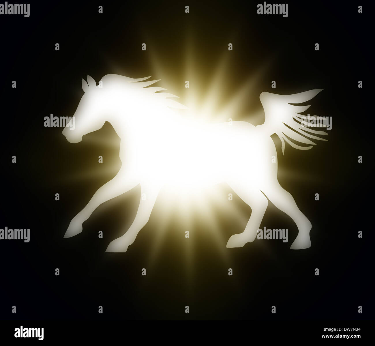 An abstract image of a galloping horse with a flaming star on dark background, a concept of power Stock Photo