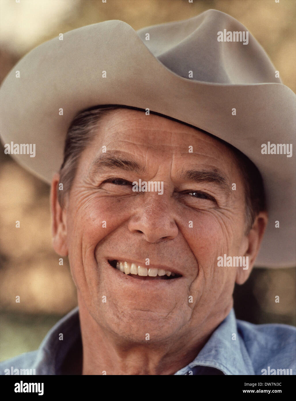 US President Ronald Reagan wearing cowboy hat at Rancho del Cielo 1976 in Santa Barbara, California. Stock Photo